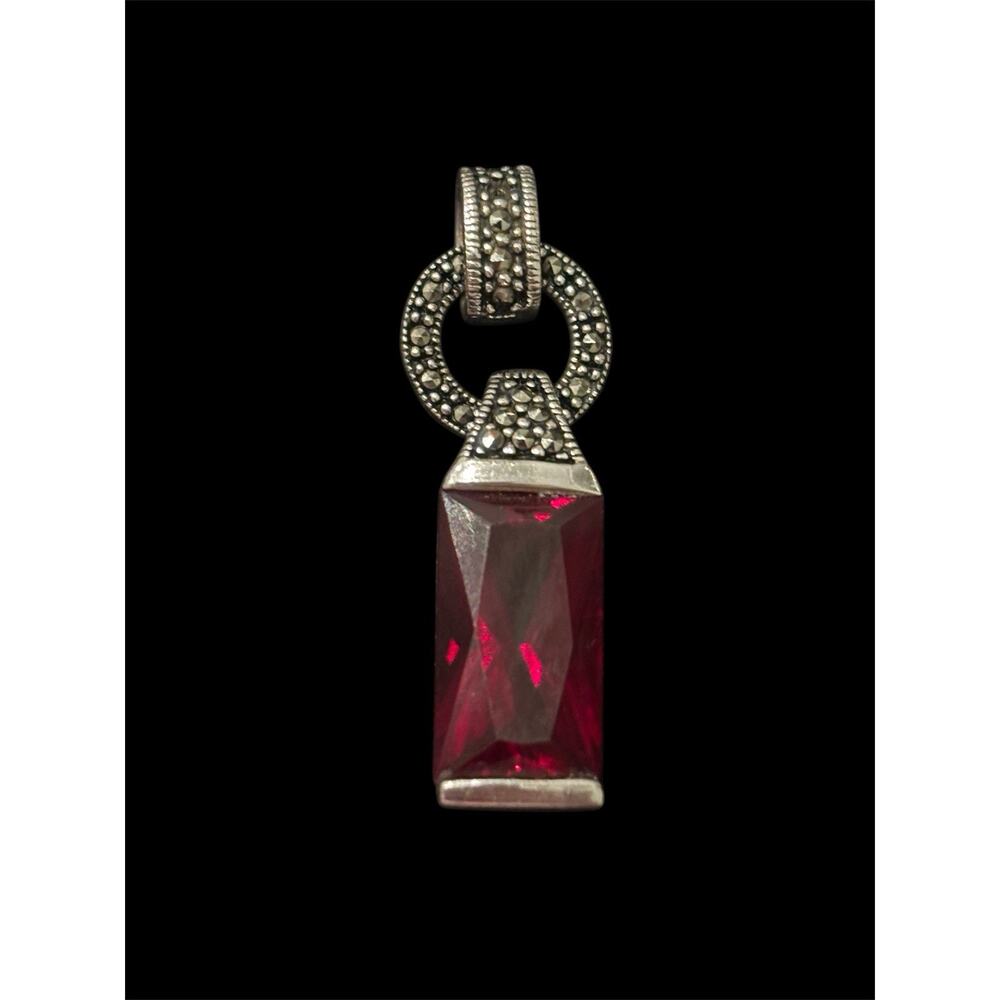 Sterling Silver 1.5” Red Faceted Glass Gem And Marcasite Pendant 925